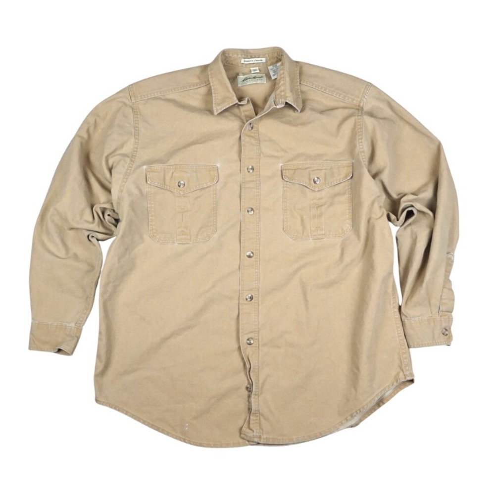 Eddie Bauer Elkhorn Canvas Shirt Mens Large Tan 90s Vintage Workwear Made in USA